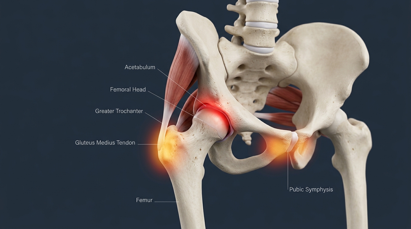 Anatomisk översikt över smärtområden och triggerpunkter i höftled, trokanter och glutealmuskulatur